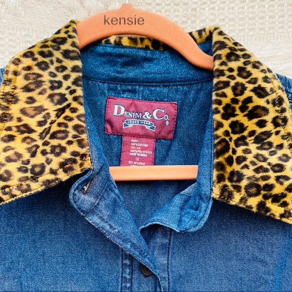 Vintage Denim Coat Leopard Print Fur Neck Lining - Picture 2 of 8